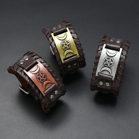 Vintage Punk Men Braided Synthetic Leather Alloy Bracelet Triple Moon Pentagram Plate Wide Cuff Jewelry Adjustable Rivet Bangle