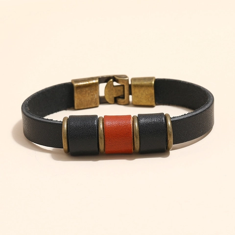 Heren Retro Punk Echt Rundleer Armband Met Antieke Bronzen Legering Gesp Geometrische Cilindrische Decor Street Style Polsband