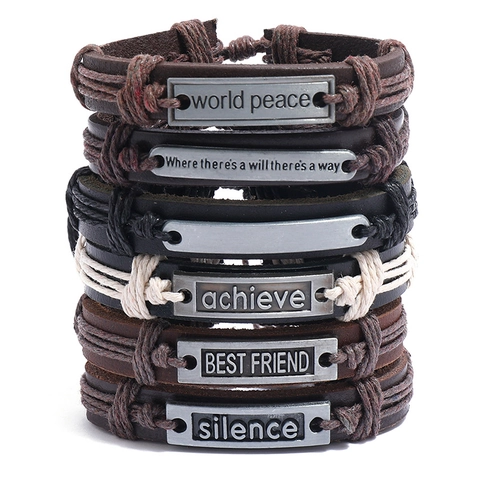 Vintage Gewebt Rindsleder Armbänder Für Herren Damen Legierung Inspirierende Buchstaben Verstellbar Punk Ethnisch Schmuck