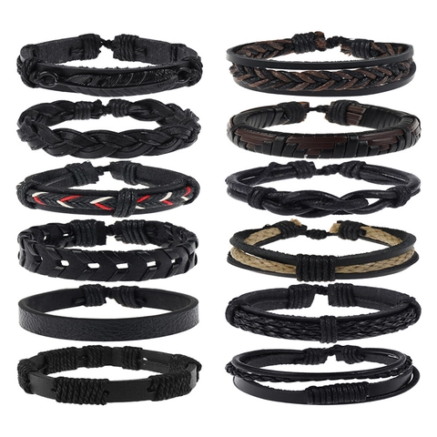 Vintage Punk Leather Braided Bracelets Set For Men Women Handmade Cowhide PU Alloy Bead Woven Cord Wrap Bracelet Jewelry
