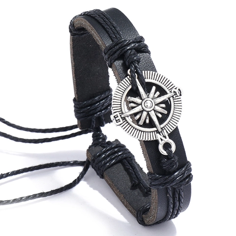 Vintage Men's Black Cattle Leather Braided Compass Bracelet Adjustable Alloy Compass Pendant Handwoven Punk Jewelry