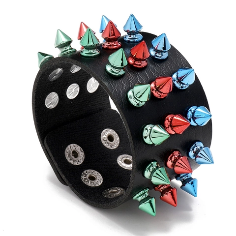 Bracelet Large en Cuir Synthétique Punk Avec Trois Rangées de Pointes Métalliques Colorées Clouté Rivet Bangle Unisexe Rock Gothique