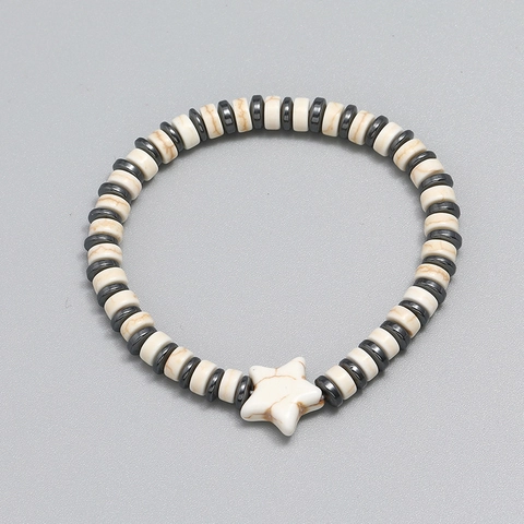 Retro Heren Turkoois Kralenarmband Met Witte Ster Bedeltje Elastisch Etnisch Boheems Stijl Kralen Handsieraden