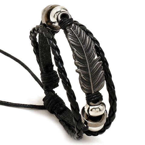 Bracciale in Pelle Intrecciata Multistrato Retrò Con Ciondolo a Piuma in Lega Coulisse Regolabile Punk Uomo Donna Gioielli