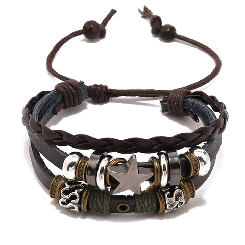 Pulsera de Cuero Trenzado Multicapa Vintage Con Colgante de Cruz de Pentagrama de Aleación Ajustable Joyería Punk para Hombre