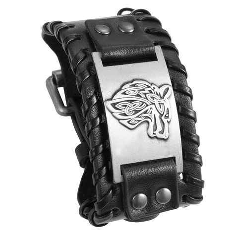 Pulsera de Cuero PU Trenzado de Lobo Vikingo Retro Punk Tótem Celta Brazalete Ancho para Hombre Placa de Aleación Antigua