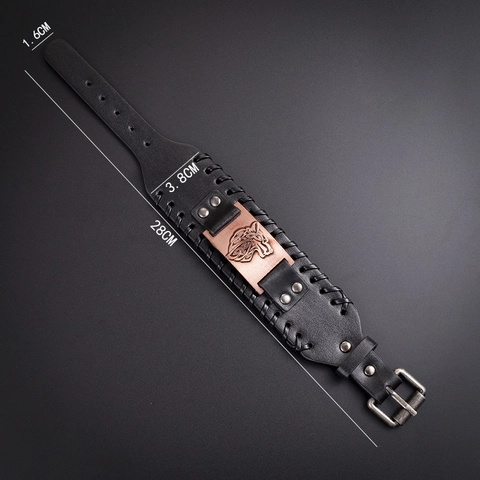 Pulsera de Cuero PU Trenzado de Lobo Vikingo Retro Punk Tótem Celta Brazalete Ancho para Hombre Placa de Aleación Antigua