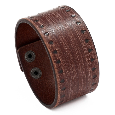 Bracciale in Pelle Larga Punk Vintage per Uomo Cinturino in Pelle di Vacchetta Goffrata Invecchiata Hip Hop Stile Industriale Regolabile