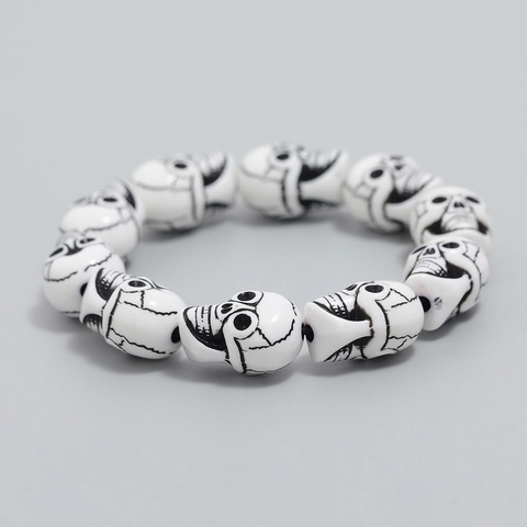 Men's Gothic Skull Beaded Bracelet White Resin Beaded Punk Style Hand Accessory Skeleton Head Elastic Wristband Fashion Jewelry