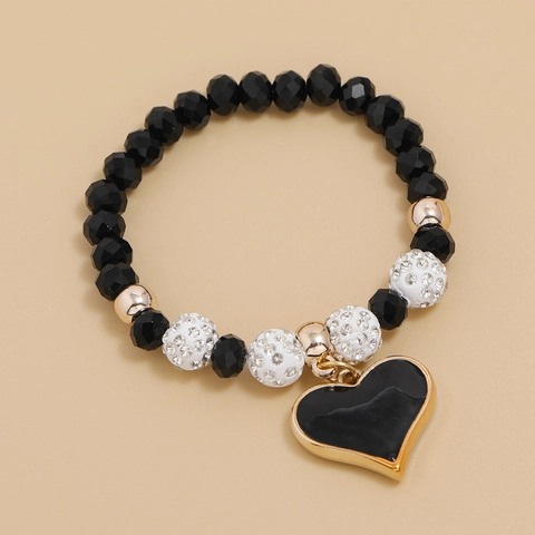 Bracciale con Perline di Cristallo Pendente Cuore Nero Smalto Strass Bracciale Elastico Minimalista Hip Hop Moda Donna Gioielli