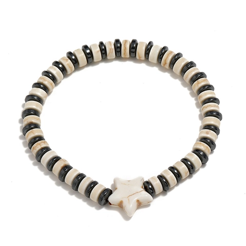Retro Heren Turkoois Kralenarmband Met Witte Ster Bedeltje Elastisch Etnisch Boheems Stijl Kralen Handsieraden