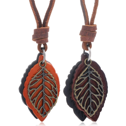 Vintage Cowhide Leather Leaf Pendant Necklace Adjustable Brown Leather Cord Bohemian Retro Jewelry For Men Women Gift
