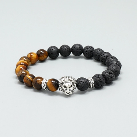 Punk Men Beaded Bracelet Natural Tiger Eye And Black Lava Stone With Silver Lion Head Alloy Charm Hand Beaded Jewelry
