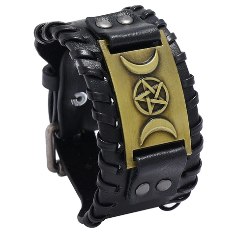 Vintage Punk Men Braided Synthetic Leather Alloy Bracelet Triple Moon Pentagram Plate Wide Cuff Jewelry Adjustable Rivet Bangle