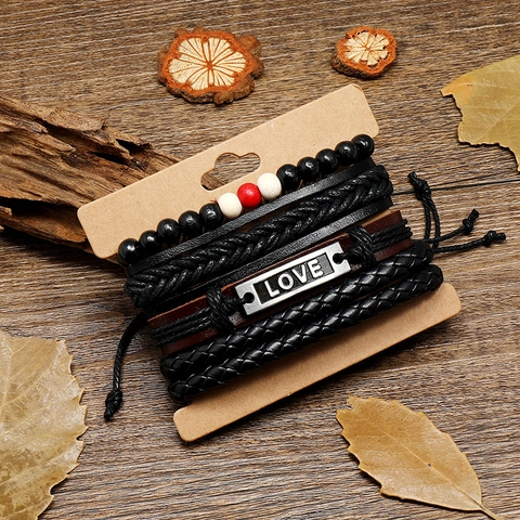 Vintage Bohemian PU Leather Woven Bracelets For Men Women LOVE Metal Plate Wood Beads Multi Layer Wrap Fashion Jewelry