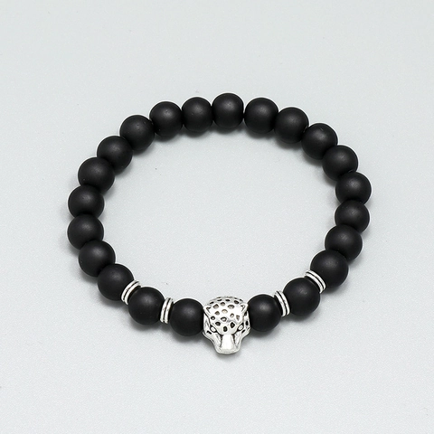 Bracciale in Perline di Vetro Nero Opaco Punk Con Pendente Testa di Tigre in Lega Argentata Gioielli da Mano Retrò Unisex Regalo Uomo Donna