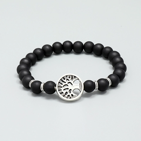 Vintage Matte Black Glass Beaded Bracelet For Men With Silver Tone Tree Of Life Pendant Bohemian Elastic Hand Jewelry
