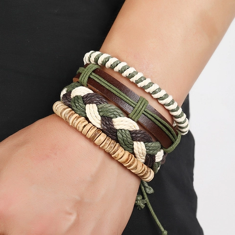 Vintage Punk Multilayer Braided Artificial Leather Hemp Rope Bracelet Handmade Bohemian Ethnic Style Jewelry For Men Women