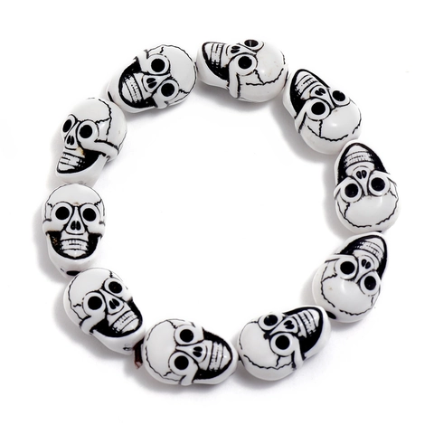Men's Gothic Skull Beaded Bracelet White Resin Beaded Punk Style Hand Accessory Skeleton Head Elastic Wristband Fashion Jewelry