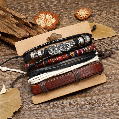 Vintage Geflochtenes Kunstleder Legierung Hanf Baumwolle Armband Für Damen Herren Punk Federanhänger Ethno Boho Schmuck