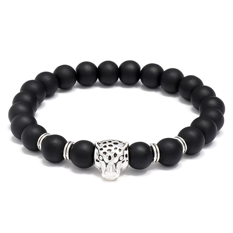 Bracciale in Perline di Vetro Nero Opaco Punk Con Pendente Testa di Tigre in Lega Argentata Gioielli da Mano Retrò Unisex Regalo Uomo Donna