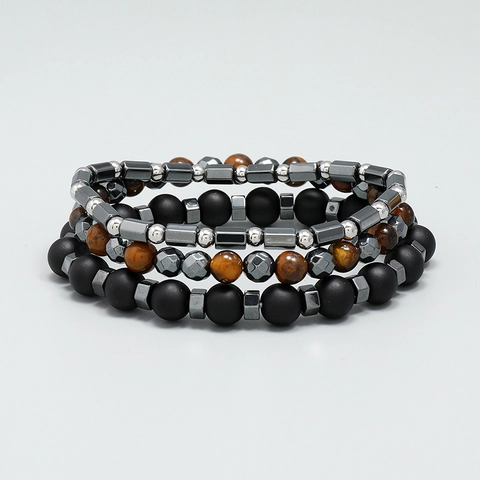 Men Vintage Tiger Eye Beaded Bracelet Matte Black Stone Hematite Layered Elastic Bracelet For Women Fashion Jewelry Gift