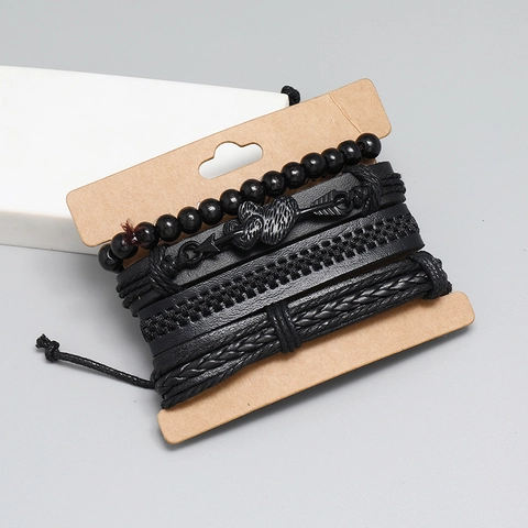 Punk Retro Braided Leather Bracelet Multi Layer Heart Arrow Charm Wood Beads Wristband DIY Men Women Jewelry Hand Wrap