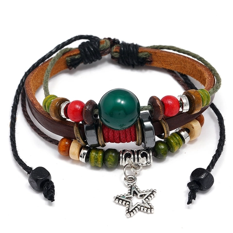 Bohemian Vintage Multi-layer Braided Cowhide Leather Bracelet For Women Men Star Pendant Wood Beaded Punk Style Jewelry