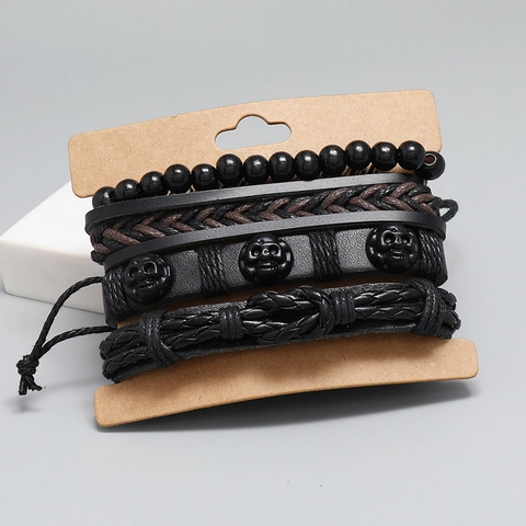 Punk Stil Mehrlagiges Geflochtenes Kunstleder Armband Set Für Damen Herren Totenkopf Legierung Perlen Retro Schmuck