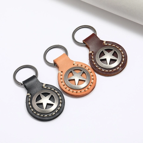 Portachiavi Stella in Pelle di Vacchetta Cucito a Mano Vintage Pentagramma Supporto Chiave Auto Ciondolo Borsa Personalizzato Uomo Donna