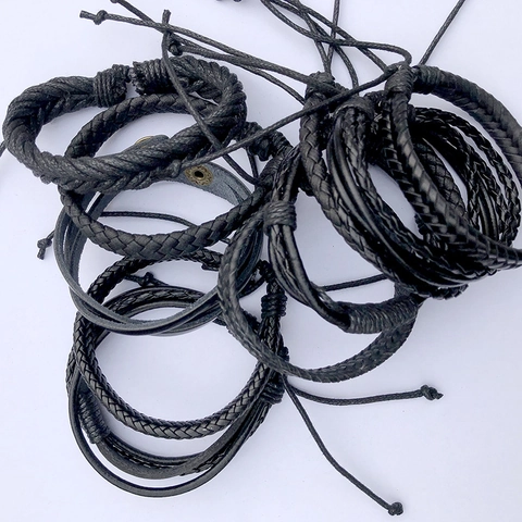 Lot de 10 Bracelets en Cuir Noir Tissés à la Main Punk Vintage Corde Tressée Multicouche Bijoux en Cuir de Vachette