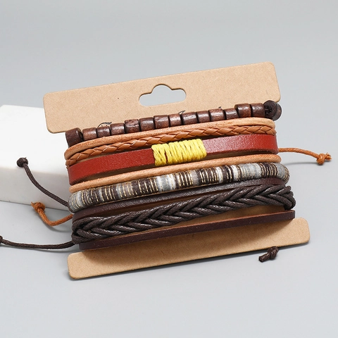 Bohemian Mehrlagiges Lederarmband Geflochtenes Wachsseil Holzperlen Verstellbares Retro-Ethnischen Stil Punk Schmuck Für Damen Herren