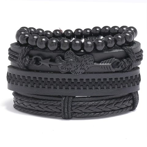 Punk Retro Braided Leather Bracelet Multi Layer Heart Arrow Charm Wood Beads Wristband DIY Men Women Jewelry Hand Wrap