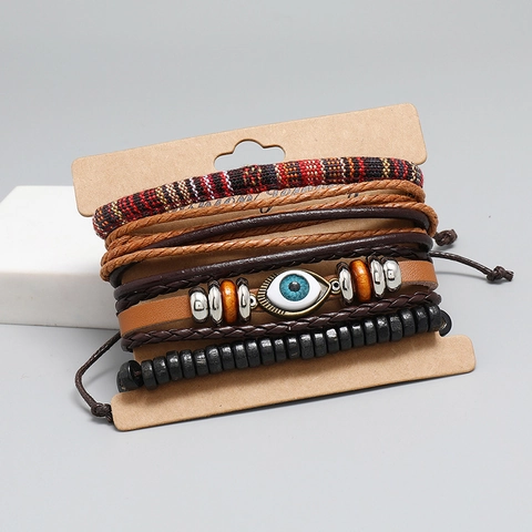 Bohemian Multilayer Braided Cowhide Leather Bracelet Set Vintage Evil Eye Wood Bead Alloy Charm Unisex Ethnic Jewelry