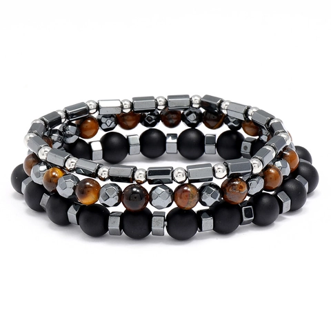 Men Vintage Tiger Eye Beaded Bracelet Matte Black Stone Hematite Layered Elastic Bracelet For Women Fashion Jewelry Gift