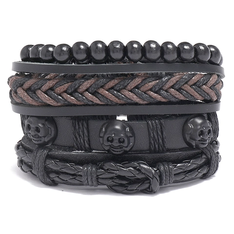 Punk Stil Mehrlagiges Geflochtenes Kunstleder Armband Set Für Damen Herren Totenkopf Legierung Perlen Retro Schmuck