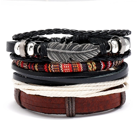 Vintage Geflochtenes Kunstleder Legierung Hanf Baumwolle Armband Für Damen Herren Punk Federanhänger Ethno Boho Schmuck