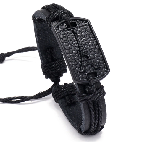 Vintage Schwarz Geflochtenes Armband Für Damen Herren Verstellbar Kunstleder Kordel Eiffelturm Metall Charm Punk Modeschmuck