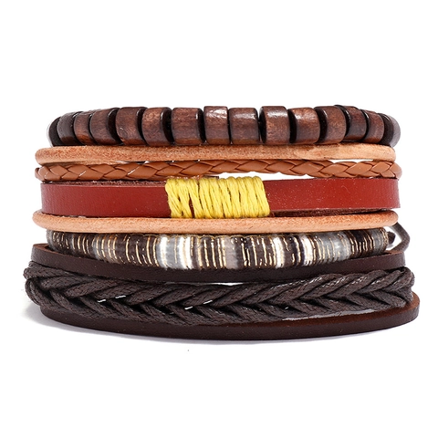 Bohemian Mehrlagiges Lederarmband Geflochtenes Wachsseil Holzperlen Verstellbares Retro-Ethnischen Stil Punk Schmuck Für Damen Herren