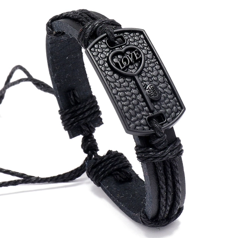 Punk Retro Multilayer Woven PU Leather Bracelet With Heart Key Alloy Plate Charm For Men Women Fashion Wristband Jewelry