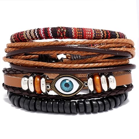 Bohemian Multilayer Braided Cowhide Leather Bracelet Set Vintage Evil Eye Wood Bead Alloy Charm Unisex Ethnic Jewelry