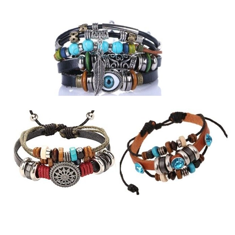 Vintage Bohemian Multilayer Bracelet Split Leather Alloy Evil Eye Feather Music Note Wood Bead Adjustable Ethnic Wristband