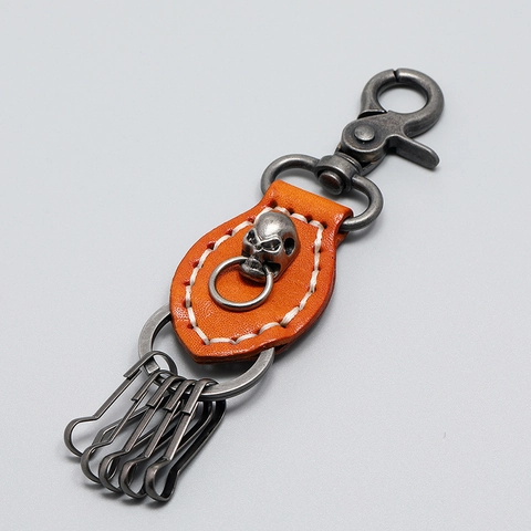 Portachiavi Teschio in Pelle di Vacchetta Cucita a Mano Retro Punk per Uomo Donna Portachiavi in Vera Pelle Vintage Con Ganci