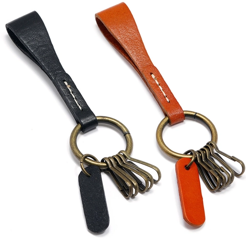 Vintage Cowhide Leather Keychain For Men Women Retro Alloy Car Key Ring Loop Stitched Pendant Charm Jewelry Daily Accessory
