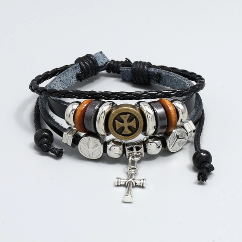 Men Vintage Multilayer Leather Braided Bracelet Handmade Beaded Cross Skull Leaf Charms Punk Bangle Wristband Jewelry Gift For Men