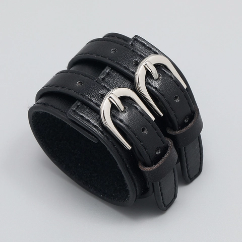Bracciale in Pelle Sintetica Larga Retro Punk da Uomo con Doppia Fibbia in Lega e Cucitura Polsino Regolabile Gioielli di Moda
