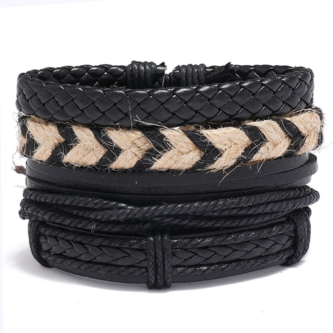 Heren Vintage Gelaagde PU Leren Armbanden Geweven Henneptouw Verstelbare Punk Boheemse Sieraden Cadeau