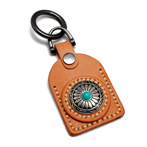 Vintage Cowhide Leather Keychain Handmade Stitching Metal Relief Turquoise Inlay Retro Key Ring Pendant Gift For Unisex