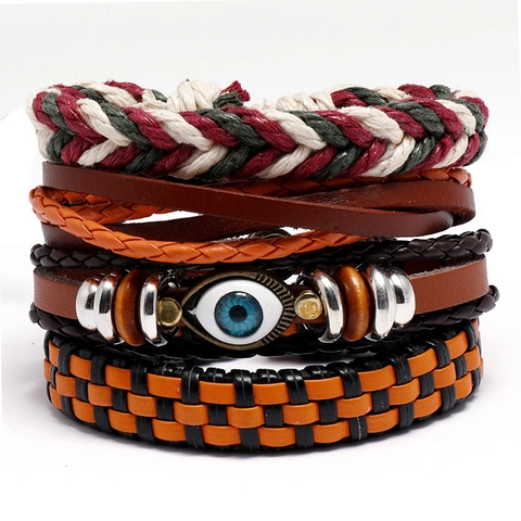 Set di Braccialetti Multistrato in Pelle Boemia Vintage Intrecciato Pelle di Vacca Occhio del Diavolo Perline di Legno