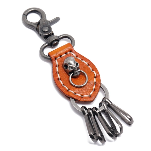 Portachiavi Teschio in Pelle di Vacchetta Cucita a Mano Retro Punk per Uomo Donna Portachiavi in Vera Pelle Vintage Con Ganci